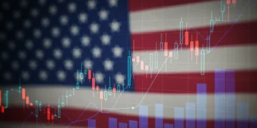 Financial charts showing growth with cryptocurrency symbols and US flag indicating institutional adoption in the US