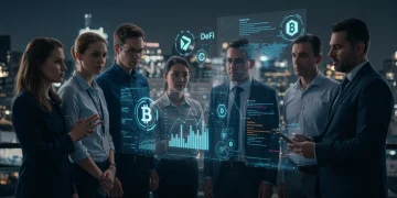 DeFi Education: 10 Concepts for US Investors by 2025 US investors studying DeFi concepts on a futuristic display