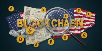 Illustration of US sanctions impacting cryptocurrency compliance and blockchain technology.