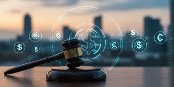 US government gavels and digital currency symbols representing new stablecoin regulations.