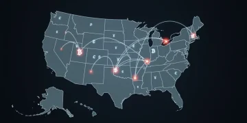 Stylized map of US states with glowing lines indicating new crypto legislation in Q1 2025