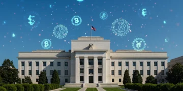 Federal Reserve building with digital currency symbols, symbolizing the convergence of traditional finance and digital assets.