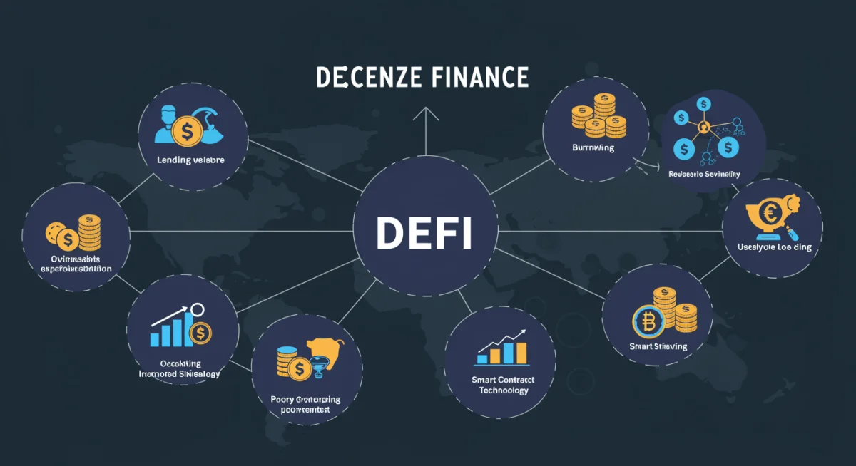 Infographic explaining decentralized finance (DeFi) with interconnected blockchain services.
