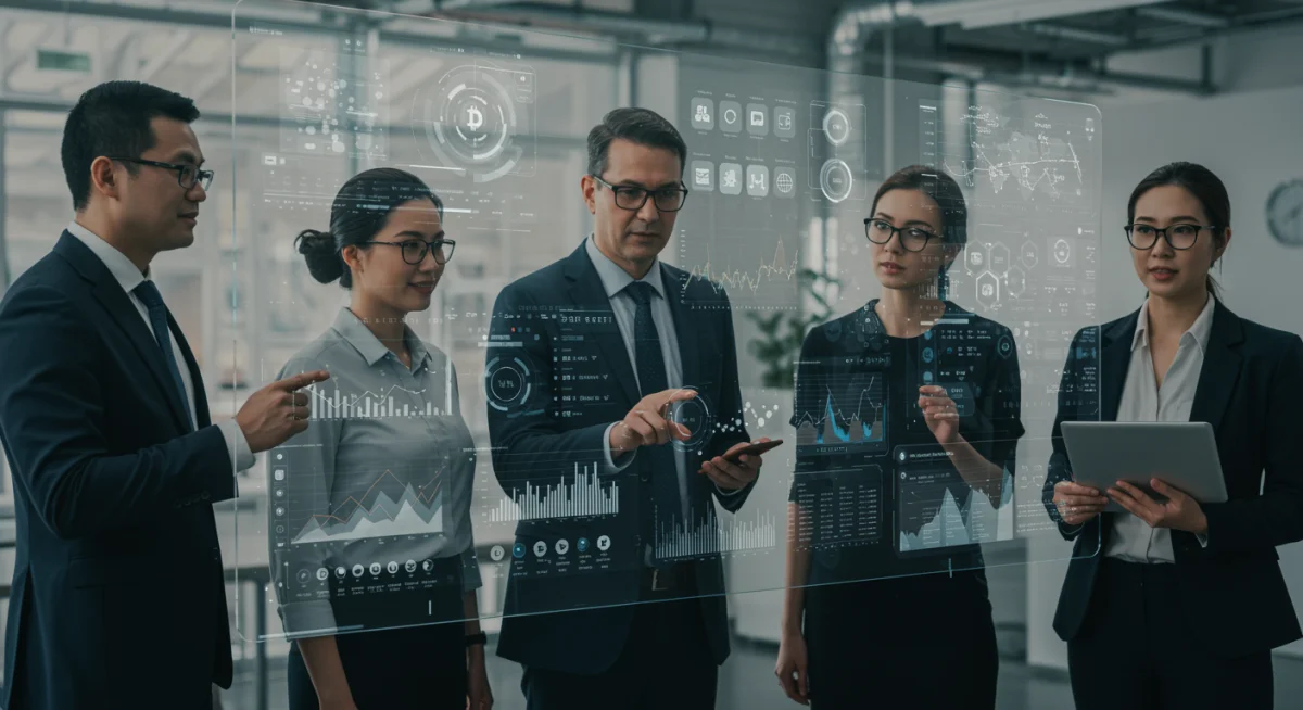 Diverse group of people observing DeFi financial data, symbolizing institutional and retail adoption.