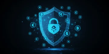 Futuristic digital shield protecting decentralized finance assets