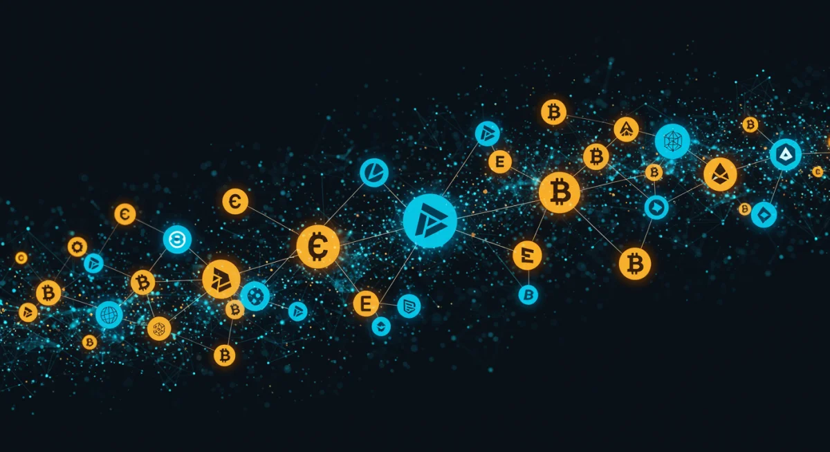 Interconnected blockchain nodes demonstrating cross-chain interoperability in DeFi.