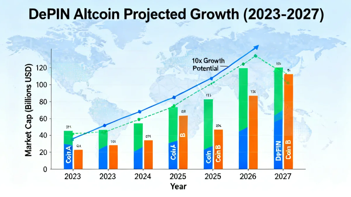 Bar chart illustrating the projected 10x growth potential of DePIN altcoins by 2027.
