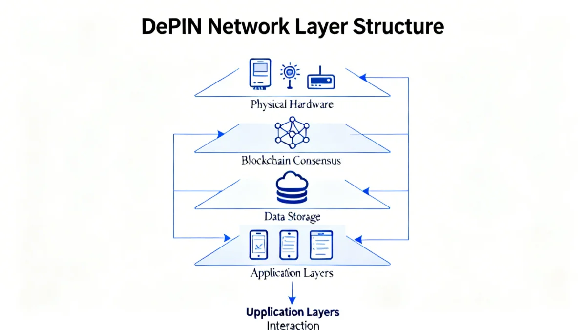 Infographic illustrating the architecture and components of a DePIN network.