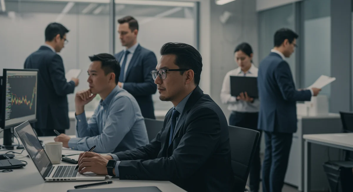 Group of traders collaborating and analyzing market data in a modern office setting.