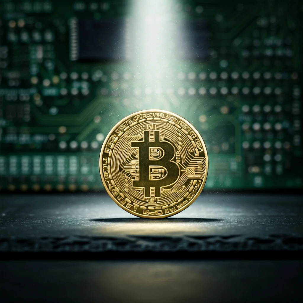 A physical representation of a Bitcoin token, gold-leafed and textured, resting on a dark slab, with glowing circuit board lines in the background representing its digital foundation.