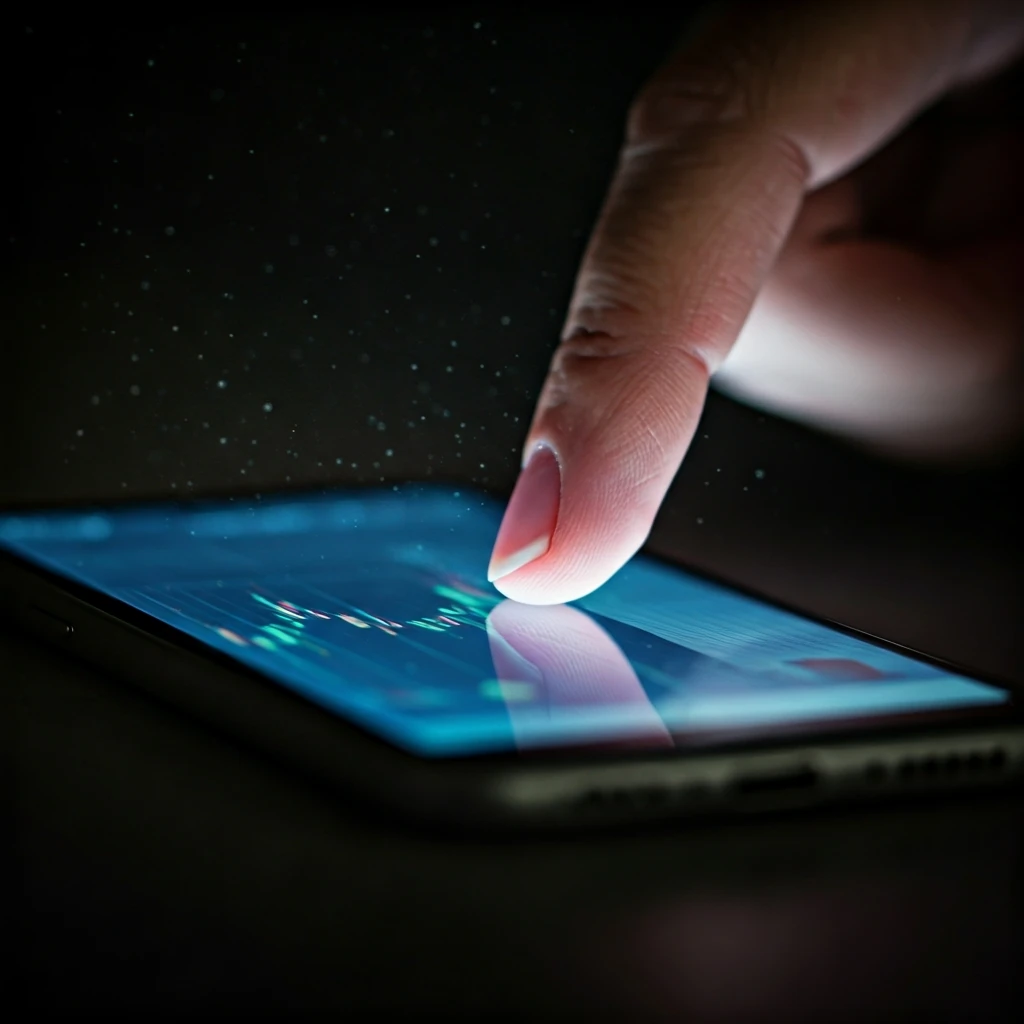 An extreme close-up of a finger hovering over a smartphone screen displaying rapid-fire cryptocurrency market data and alerts, illuminated by the screen's harsh light.