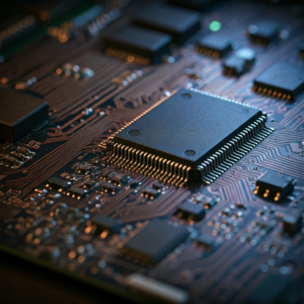 Extreme close-up of a complex circuit board with multiple, distinctly colored glowing components, symbolizing the diverse innovations within the altcoin ecosystem beyond Bitcoin.