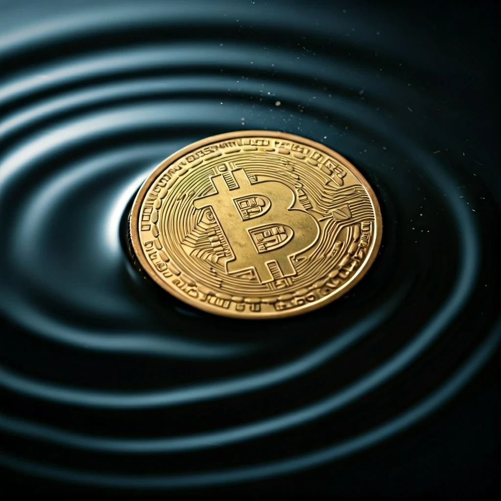 A tarnished crypto coin sinking into dark, swirling liquid, reflecting distorted light, symbolizing financial loss and market manipulation from misinformation.