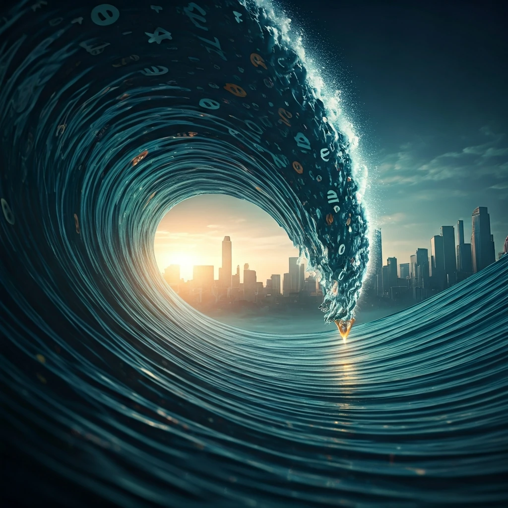 A massive, turbulent digital wave of cryptocurrency symbols and news headlines crests over a city, with a golden compass needle pointing steadily through the chaos.