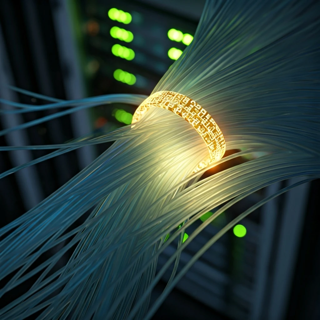 Extreme close-up of glowing fiber optic cables intertwined with a translucent digital ledger, a single node highlighted, suggesting a blockchain network upgrade.