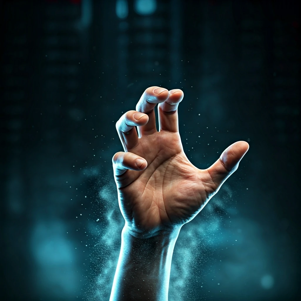 A hand reaching out, illuminated by cold screen light, symbolizing the desperation of FOMO in Bitcoin trading.