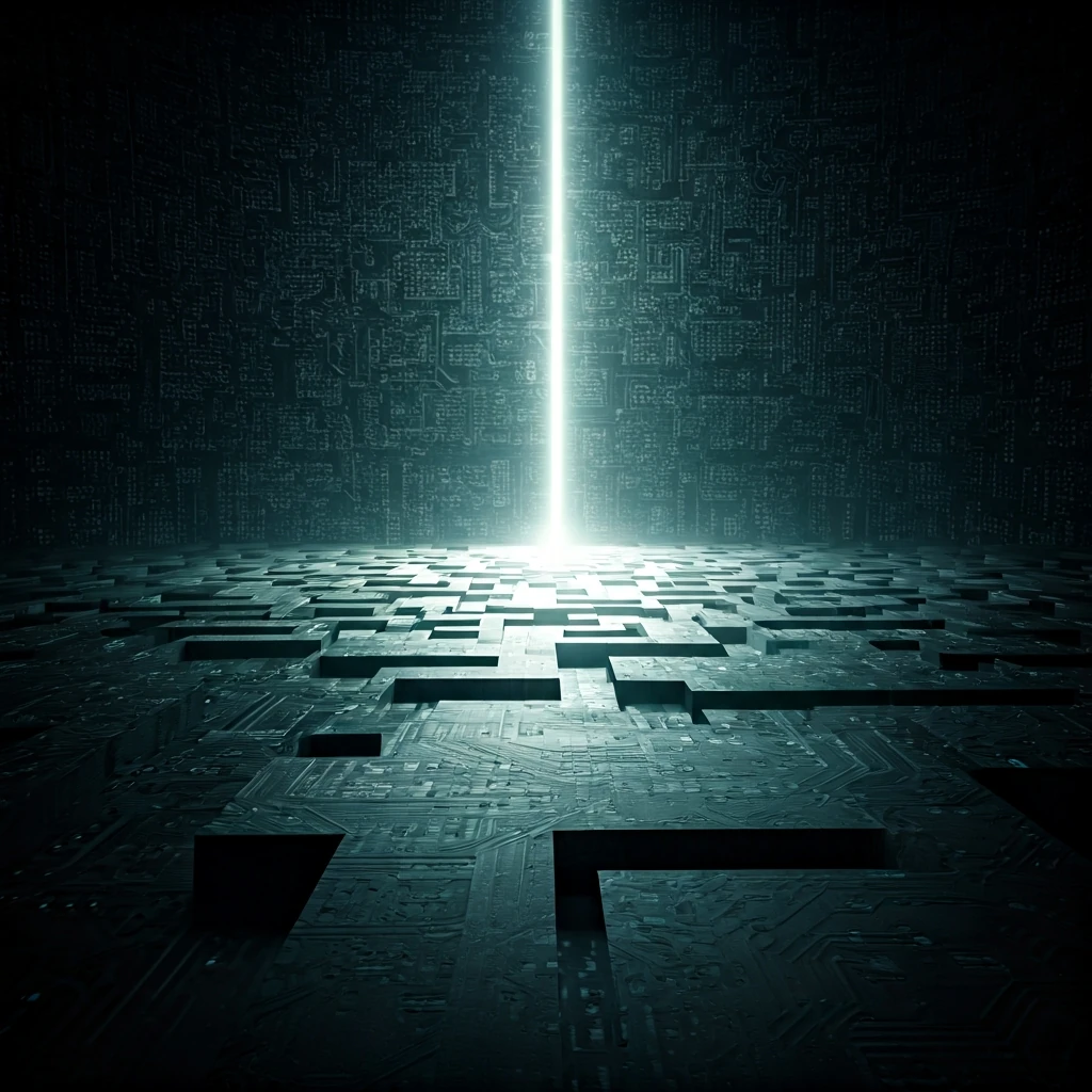 A single beam of light cutting through a dark, intricate maze of glowing circuit board pathways, symbolizing crypto news guiding through market complexities.