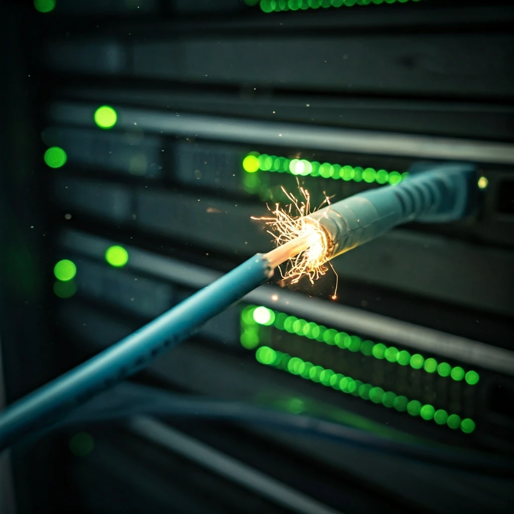 A close-up, low-angle shot of a sparking fiber optic cable in a dimly lit, cold data center, with flickering green server lights in the background.