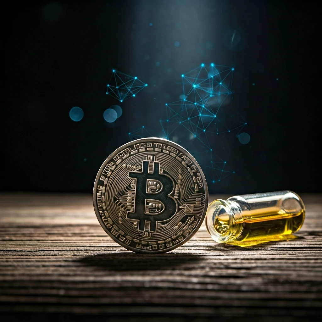 A physical Bitcoin coin, made of tarnished iron, rests on a dark wooden table next to spilled crude oil, with glowing digital lines in the background. Represents the intersection of technology, economics, and market forces.