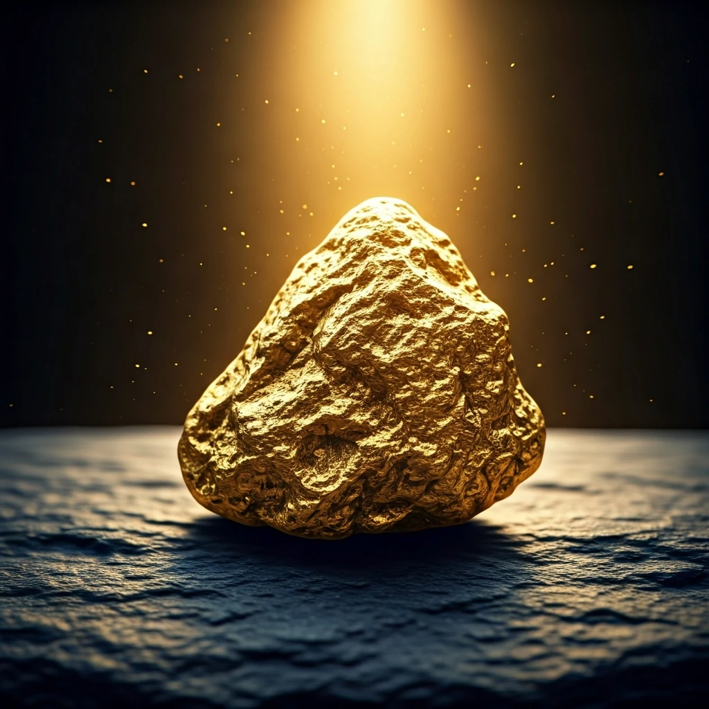 A raw, unrefined gold nugget illuminated by dramatic backlighting, highlighting its textured surface on a dark stone, symbolizing its enduring value.