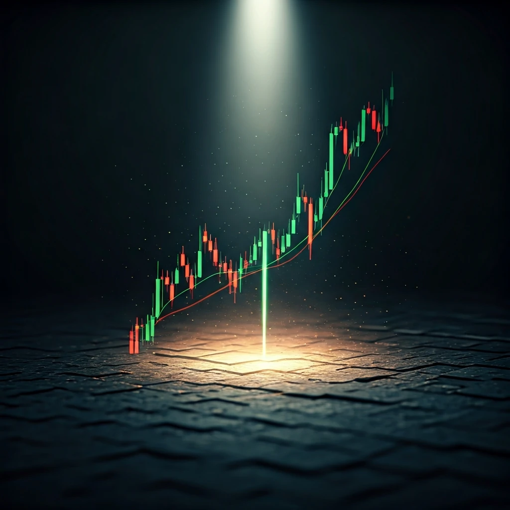 A high-angle, holographic projection of a detailed Bitcoin candlestick chart, showing green and red price movements over time on a dark, metallic surface.