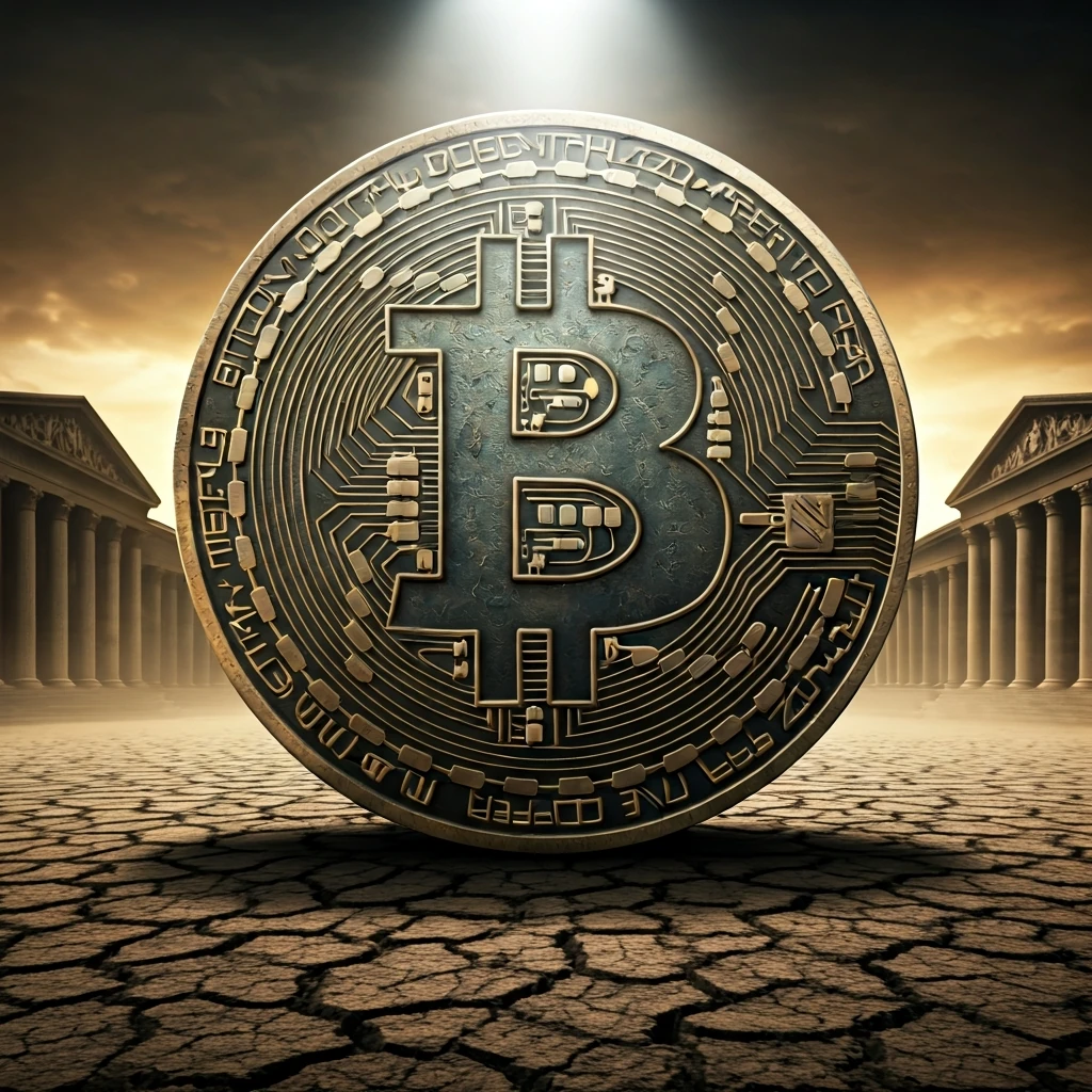 A massive, metallic Bitcoin symbol, heavily textured and weathered, stands defiantly against a backdrop of blurred, traditional bank buildings, symbolizing digital decentralization.