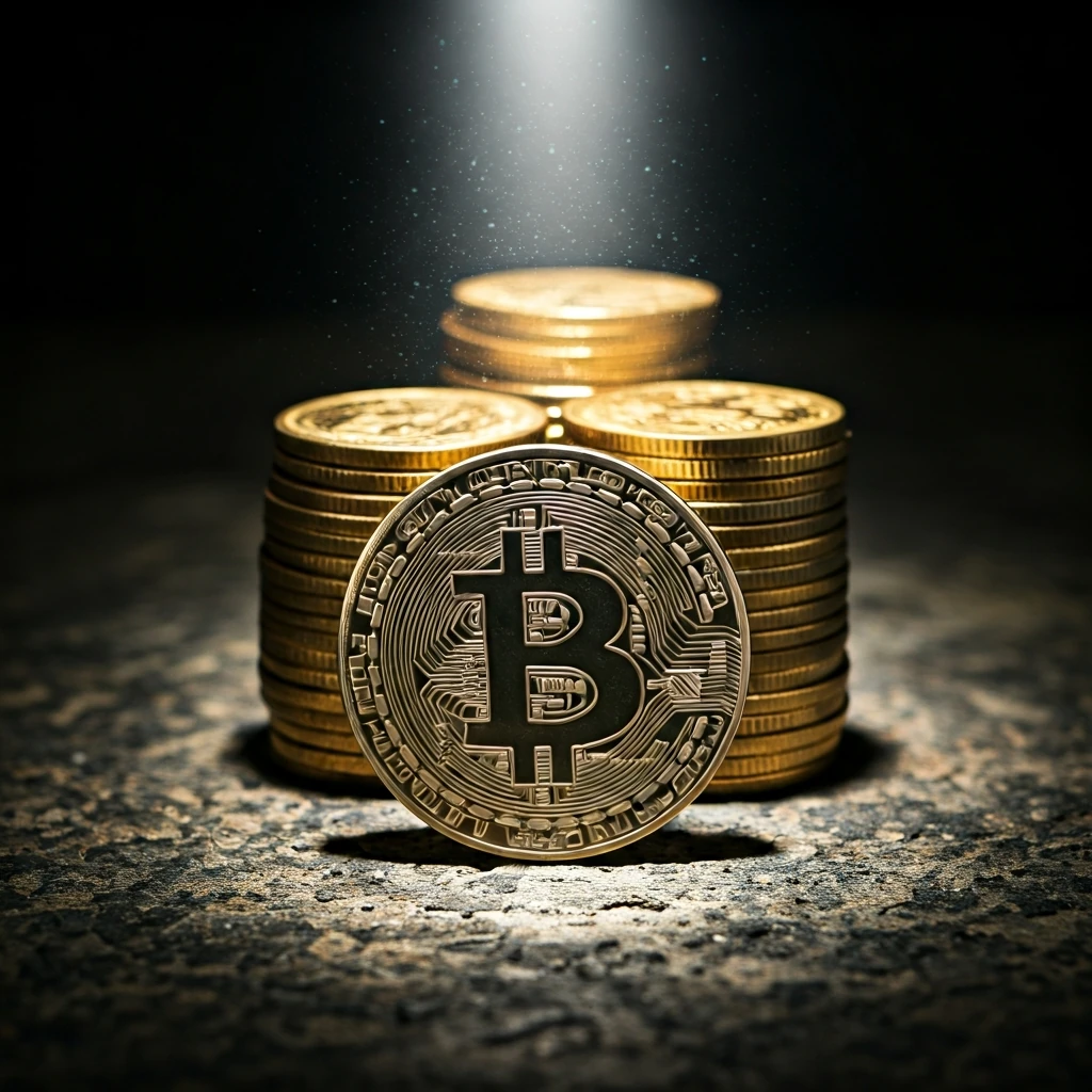 A detailed, dark metallic Bitcoin coin resting on a cracked stone surface, illuminated by a single beam of light, with blurred ancient gold coins in the background.