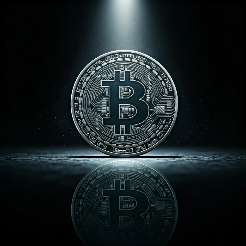 A physical Bitcoin coin on a dark, reflective surface, illuminated by a stark, single beam of light, symbolizing its scarcity and economic principles.