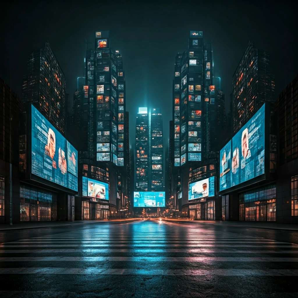 Surreal cityscape at night, reflecting distorted news headlines and social media feeds in glowing neon on warped skyscraper facades, conveying an overwhelming digital information overload.