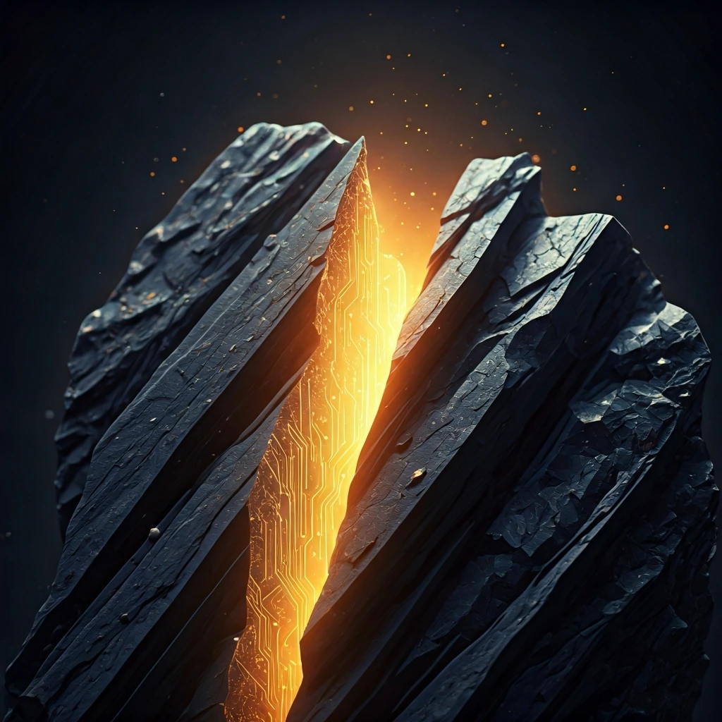 An extreme close-up of a dark, jagged mineral rock with a glowing network of golden digital veins pulsating from its core, representing Bitcoin's scarcity and mining.