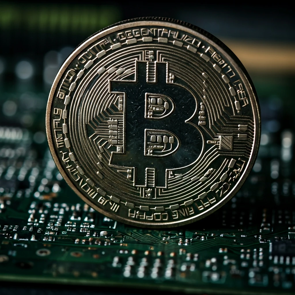 Extreme macro view of a worn physical Bitcoin coin on a circuit board, illuminated by harsh light, symbolizing its decentralized fixed supply.