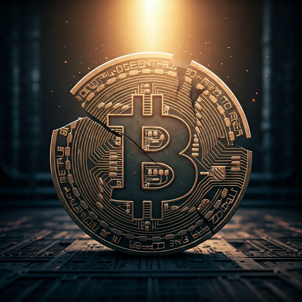 Extreme close-up of a digital Bitcoin symbol, showing a fractured edge with glowing circuitry, under a single beam of light.