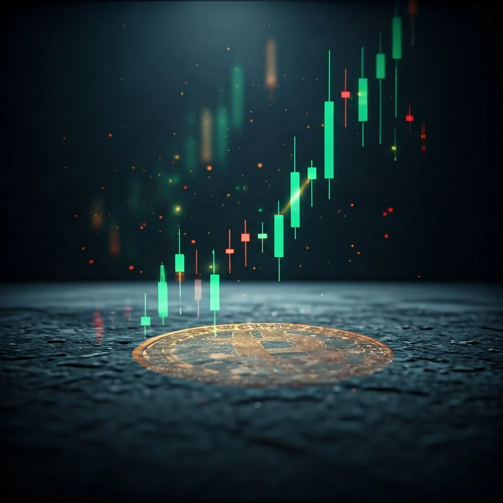 A holographic Bitcoin candlestick chart projected onto a dark, textured surface, displaying price movements with glowing green and red data points.