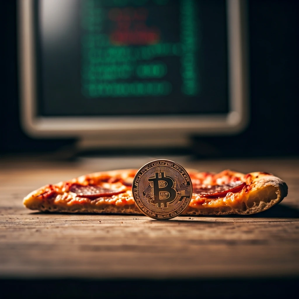 A close-up of a half-eaten pizza slice with a single, tarnished copper coin resting on its crust, evoking early, volatile cryptocurrency transactions.
