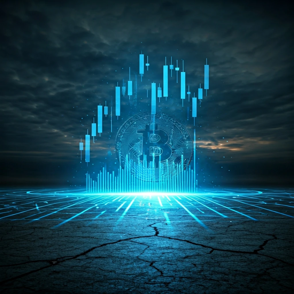 A towering, glowing Bitcoin candlestick chart against a stormy sky, with smaller, interconnected digital assets rippling below, illustrating its market influence.