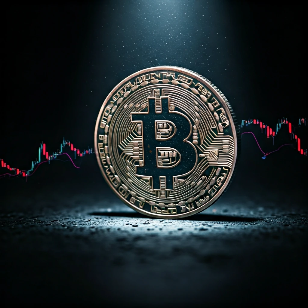 A physical Bitcoin reflecting volatile market graph lines in a dark, high-contrast, industrial setting, emphasizing risk and opportunity.