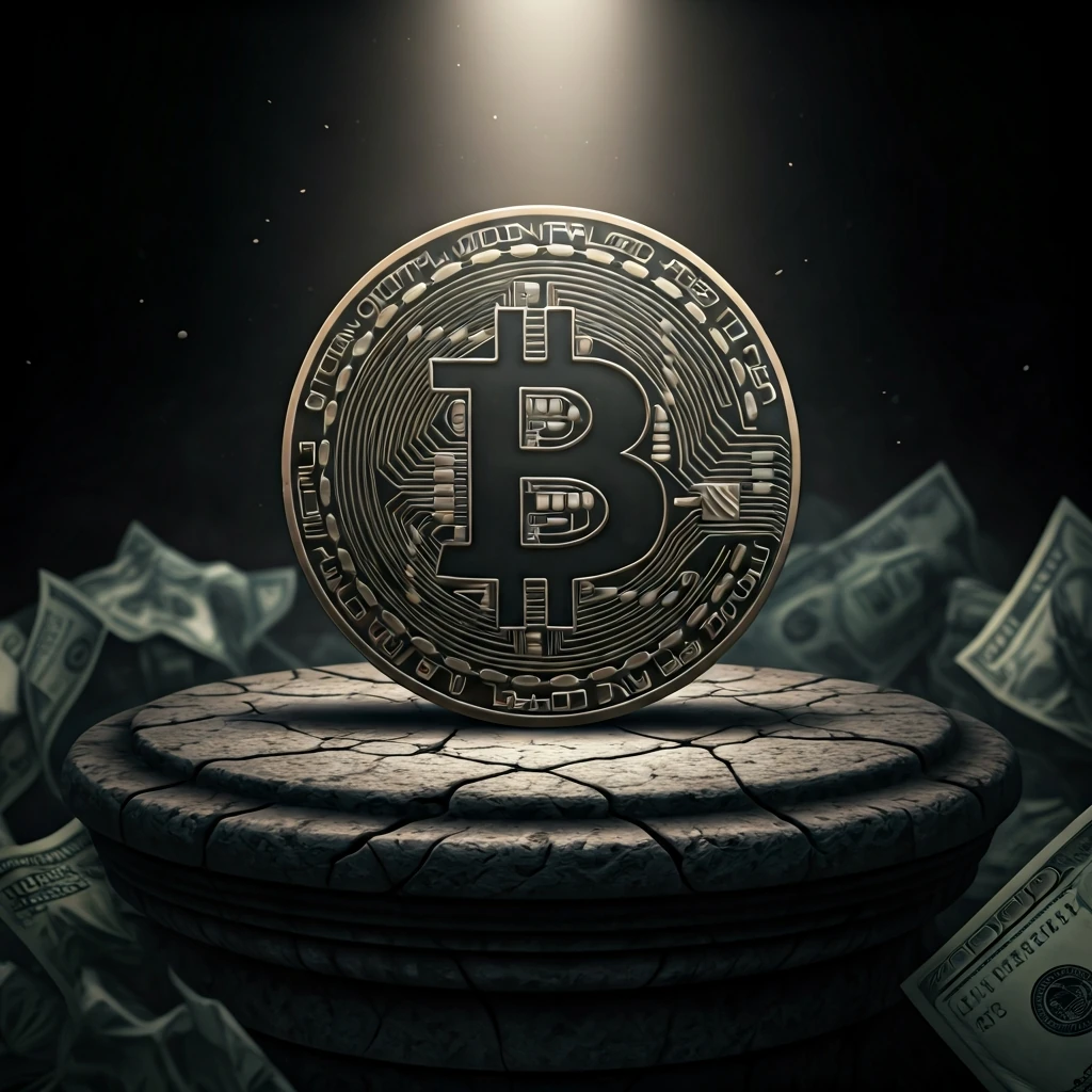 A glowing metallic Bitcoin symbol on a stone pedestal, symbolizing programmed scarcity, contrasting with blurred, crumpled fiat currency in the background.
