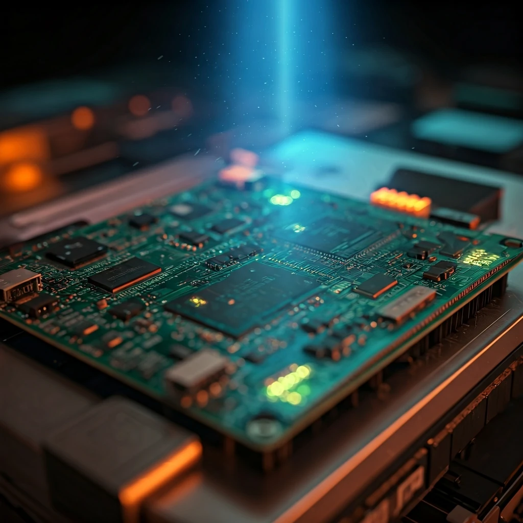 Extreme close-up of a cryptocurrency mining rig's circuit board, distorted by shimmering digital effects, under harsh blue and green LED light, symbolizing market volatility and real-time data.