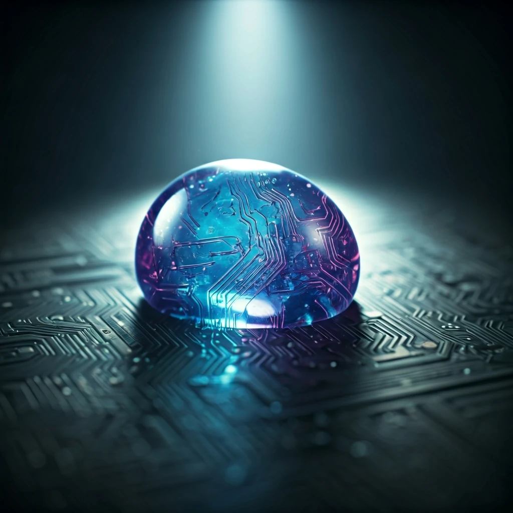 Macro view of a translucent, glowing data blob merging into a textured digital surface, representing efficient new storage for blockchain transactions.