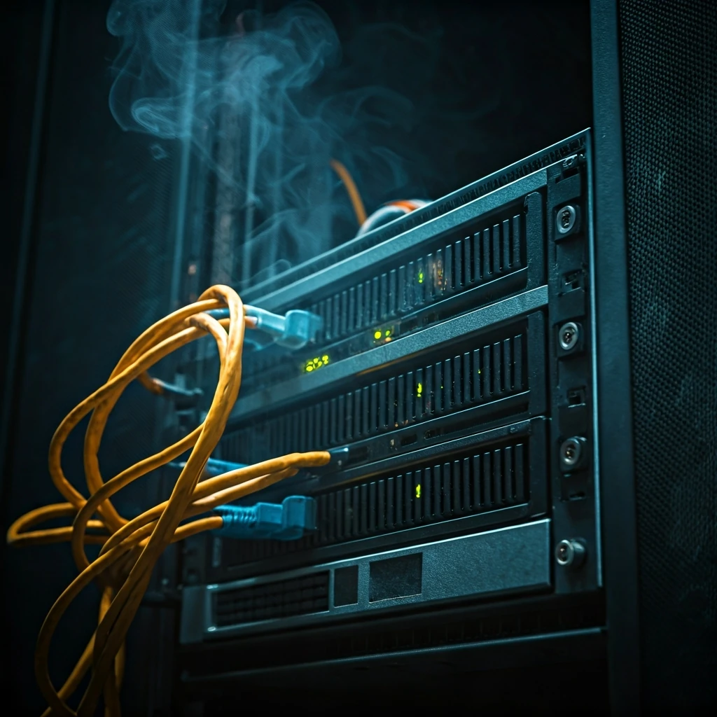 A server rack with a critical, erratically flickering light, indicating a potential failure or 'slashing' event in Ethereum staking. Cables are tangled, and a faint wisp of smoke rises.