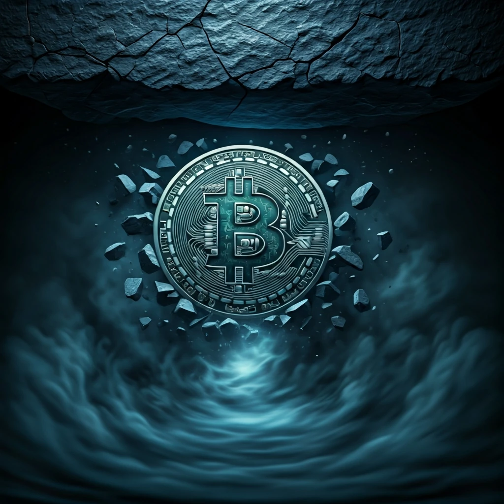 A weathered Bitcoin symbol embedded in granite, with stress fractures appearing under unseen pressure, while a blue ethereal mist representing demand swirls below.