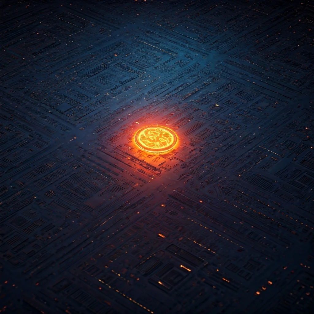 A bird's-eye view of a miniature, illuminated digital city grid showing severe network congestion, with countless glowing data packets stuck in a traffic jam and a large orange digital coin representing high gas fees blocking a central intersection, under harsh overhead lighting.
