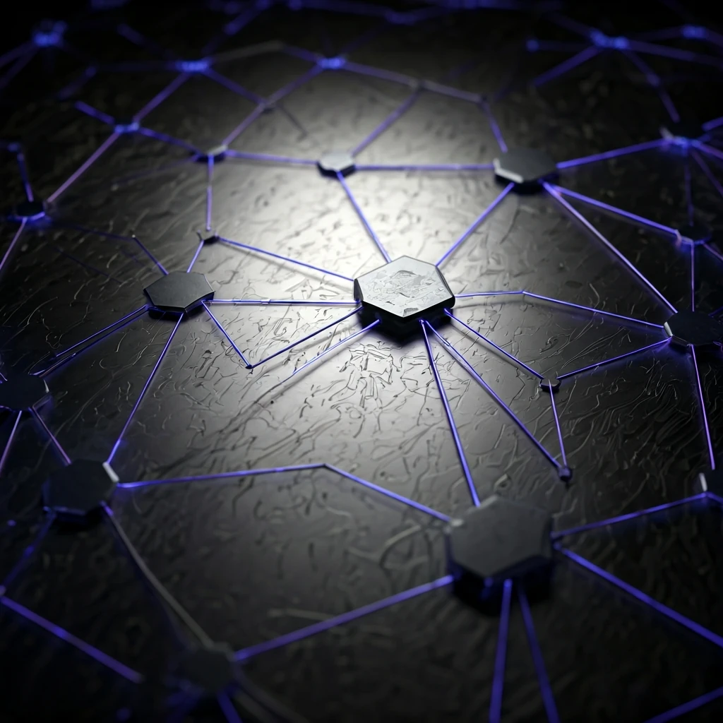 An intricate, glowing network of interconnected hexagonal nodes on a dark metallic surface, symbolizing the Ethereum Proof-of-Stake network and transaction validation.