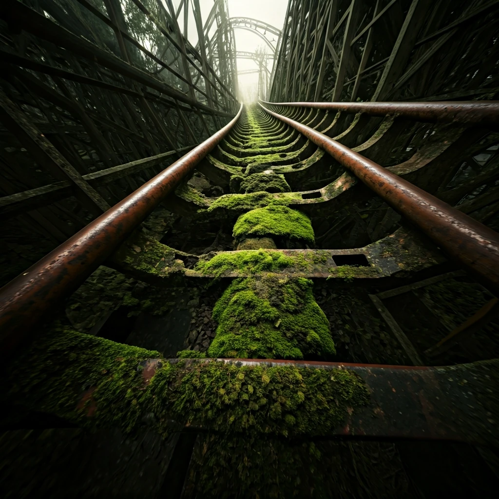 An abandoned, rusty rollercoaster track with twisted metal, viewed from a high-angle drone shot under harsh midday sun, symbolizing Bitcoin's volatile price swings.