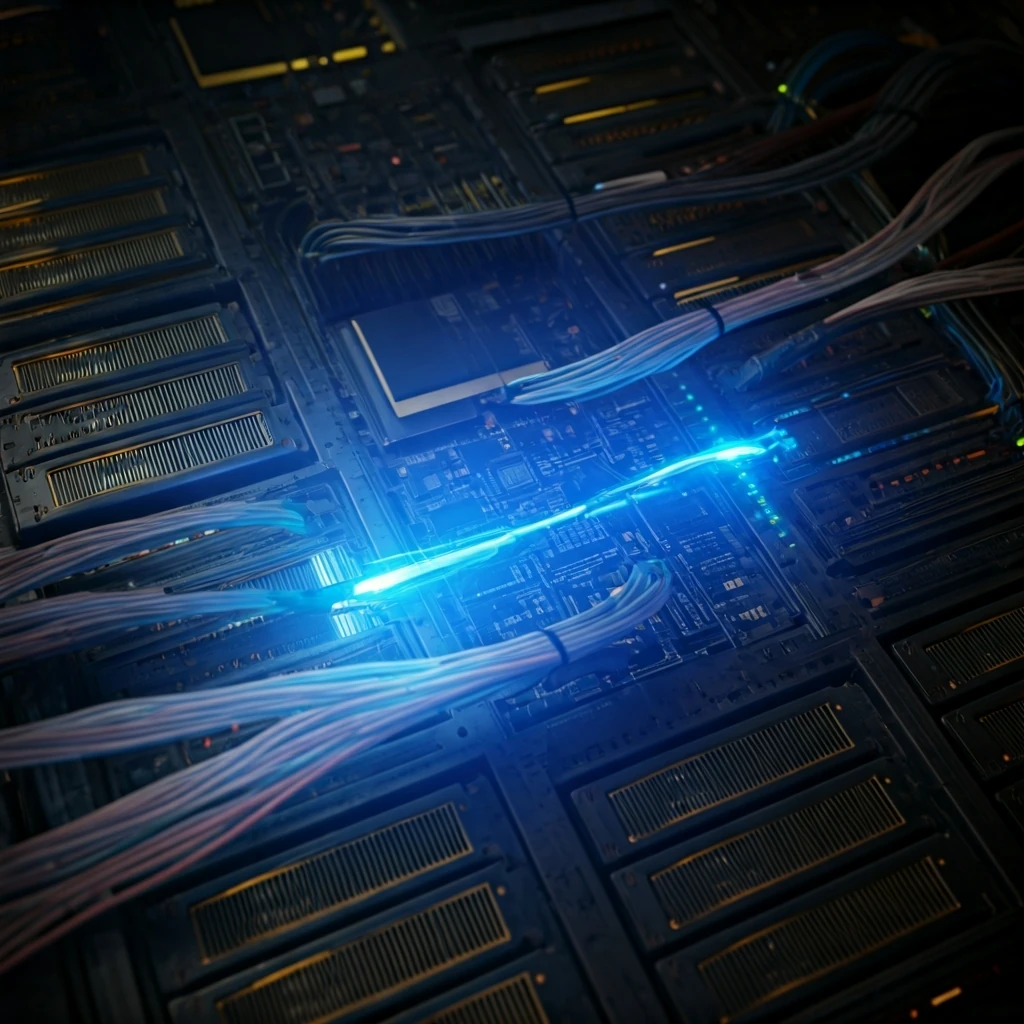 Close-up of futuristic server rack with glowing blue and purple data streams flowing through intricate circuitry, symbolizing Ethereum's evolving network.