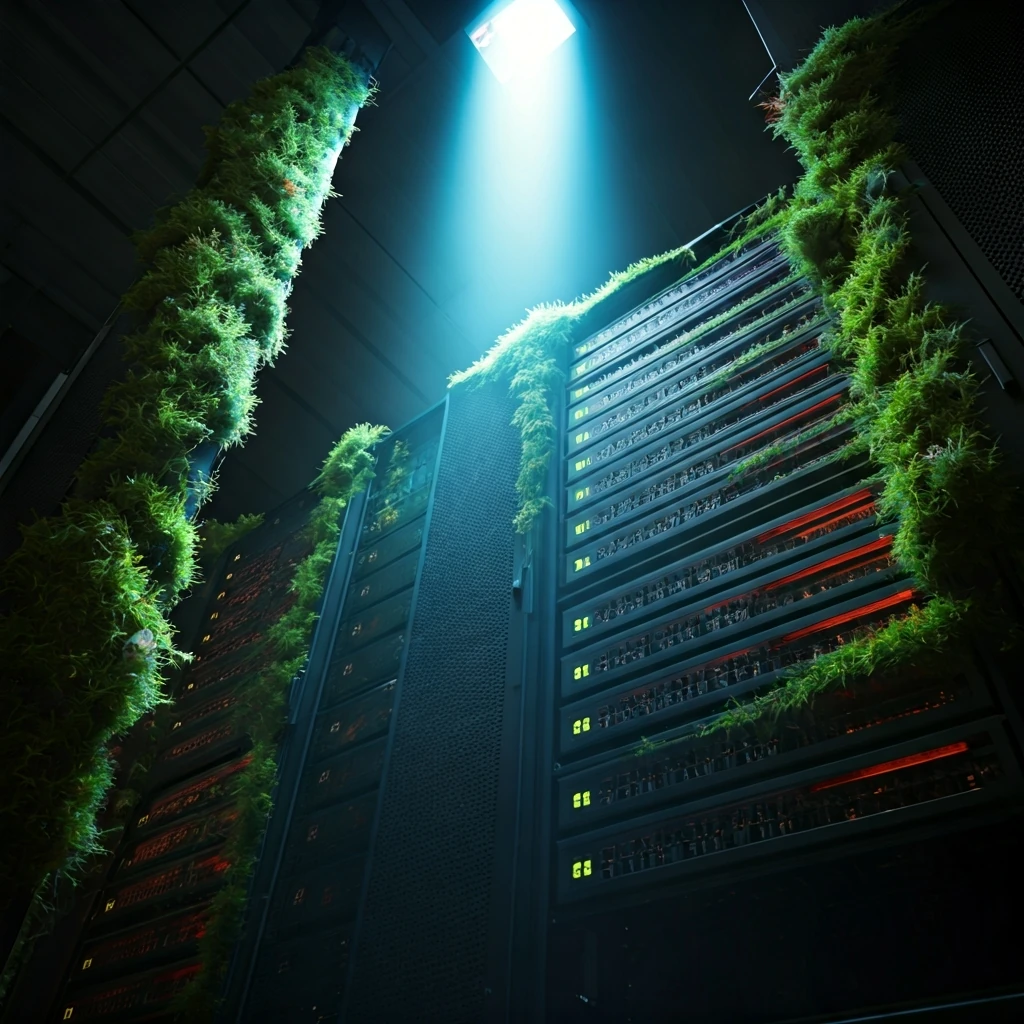 An intricate, partially moss-covered server rack bathed in cool blue light, symbolizing Ethereum's transition to a more sustainable Proof-of-Stake model.