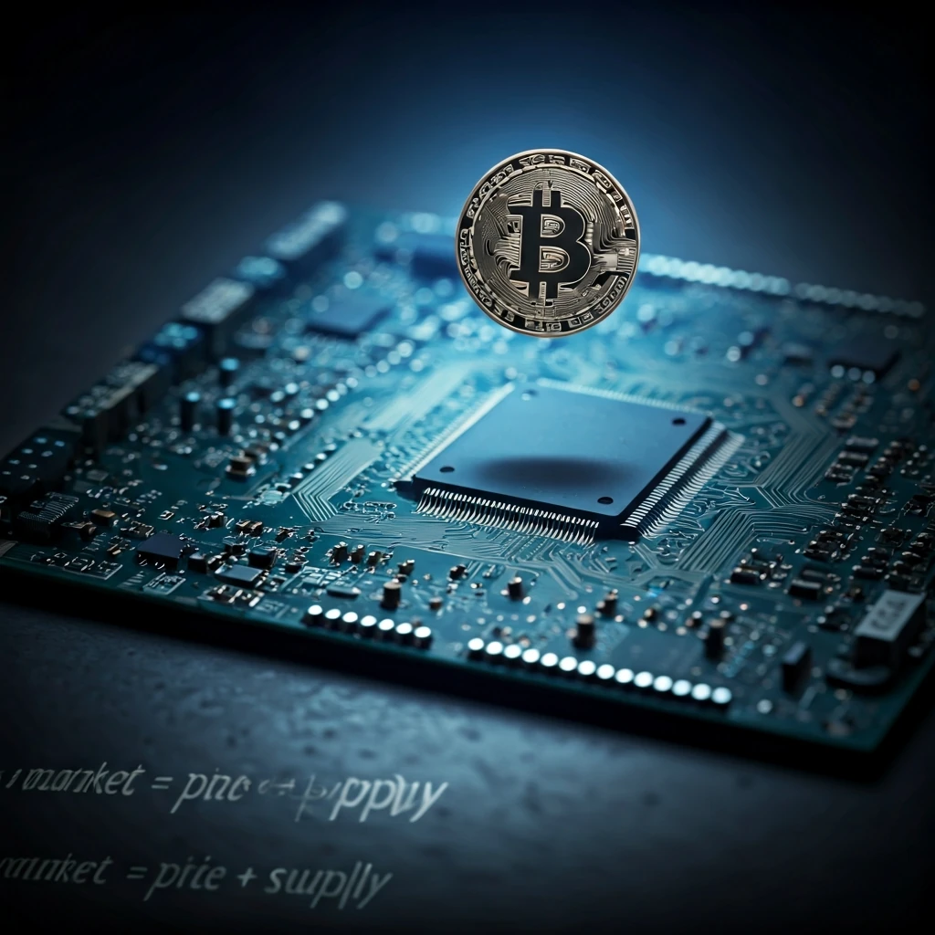 A close-up of a dimly lit, glowing circuit board with an abstract digital coin node floating above, representing crypto market cap calculation.