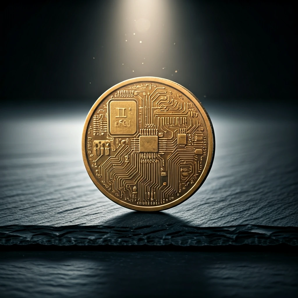 A tarnished brass coin with circuit board etchings, representing a computational service charge, illuminated by a harsh beam of light on a dark slate surface.