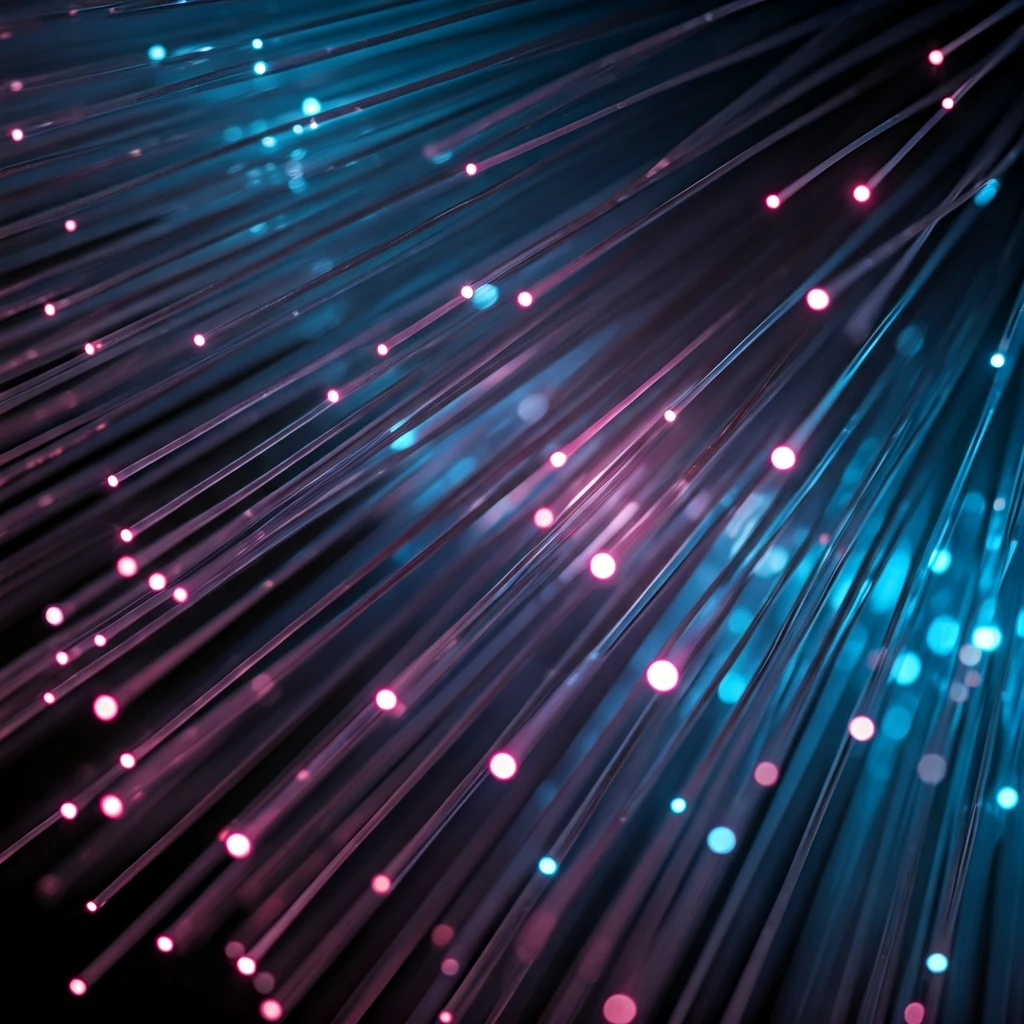 An intricate network of glowing optical fibers, representing blockchain layers, with smaller blue filaments branching off larger purple conduits, symbolizing Layer 2 scalability solutions.