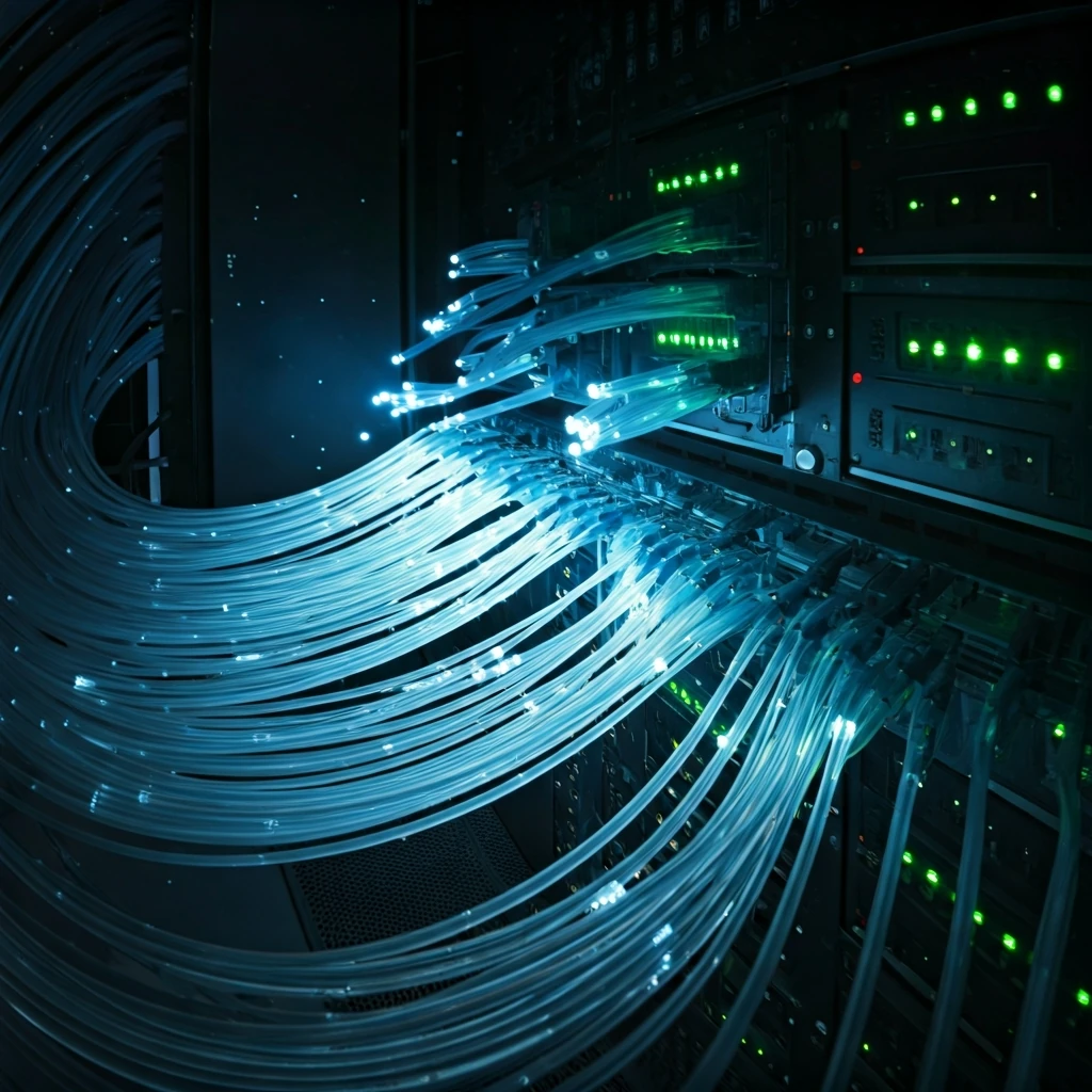 A complex network of glowing fiber optic cables and circuit pathways, bathed in harsh blue and green light, symbolizing continuous improvements and scalability solutions within the Ethereum ecosystem.